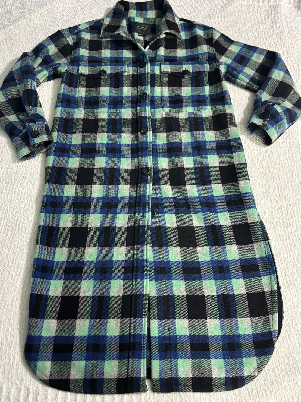 Anthropologie Blue Green Black Plaid Shacket